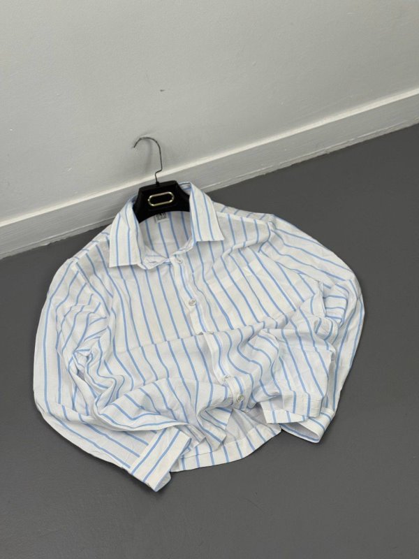 پیراهن مردانه آستین بلند طرح نقش موازی سفید خط آبی مدل جدید کد 218606