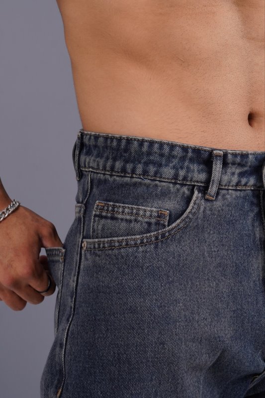 شلوار جین مام استایل مردانه آبی پر رنگ کثیف ساده کد 205890/12