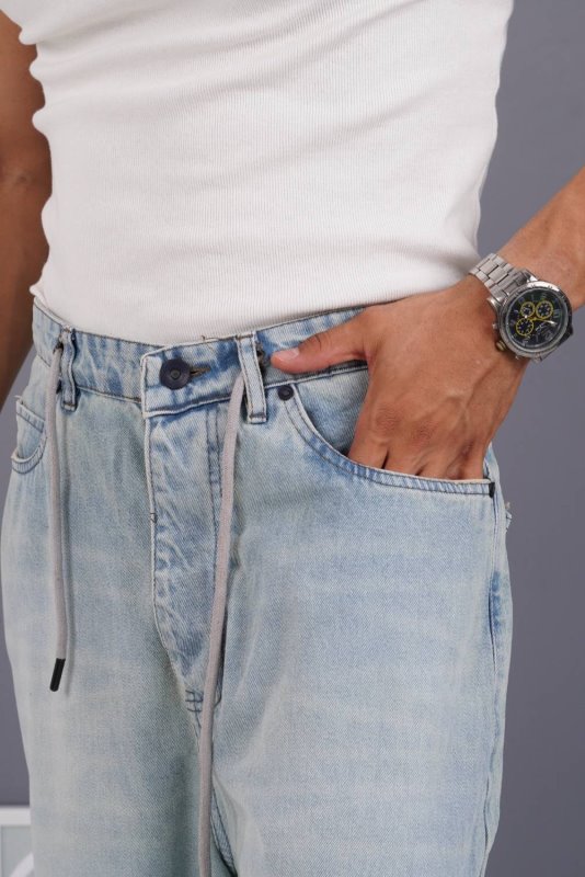 شلوارجین فول بگ مردانه آبی ساده بند دار کد 2055100
