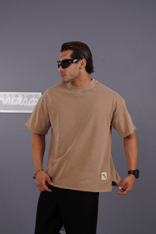 تیشرت مردانه سنگشور ساده کرم کد 200127