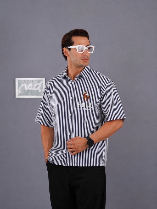 پیراهن مردانه آستین کوتاه راه راه چاپی کد 200604