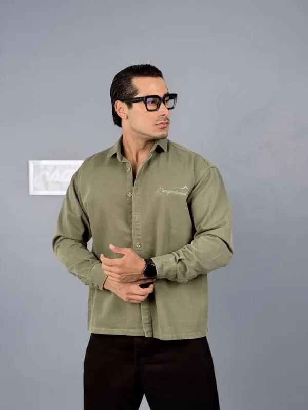 پیراهن کتان آستین بلند گلدوزی — سبز