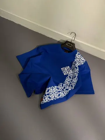 تیشرت طرح دار مردانه گل خطی آبی کد 218103