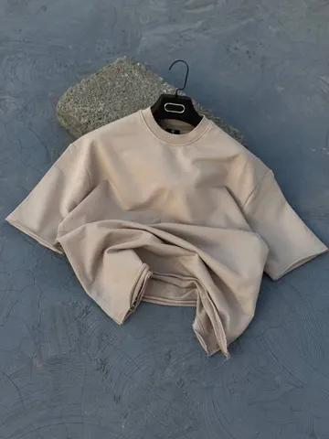 تیشرت دورس سه نخ مردانه کثیف دوزی کرم کد 217640