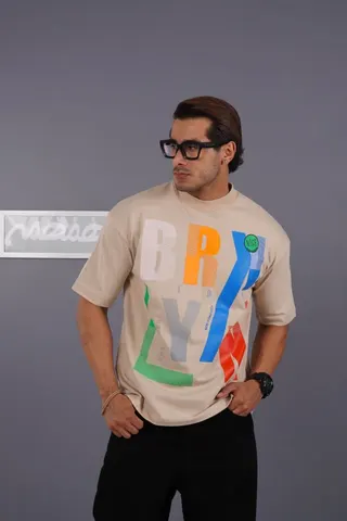 تیشرت مردانه طرح دار چاپی کرم کد 200118